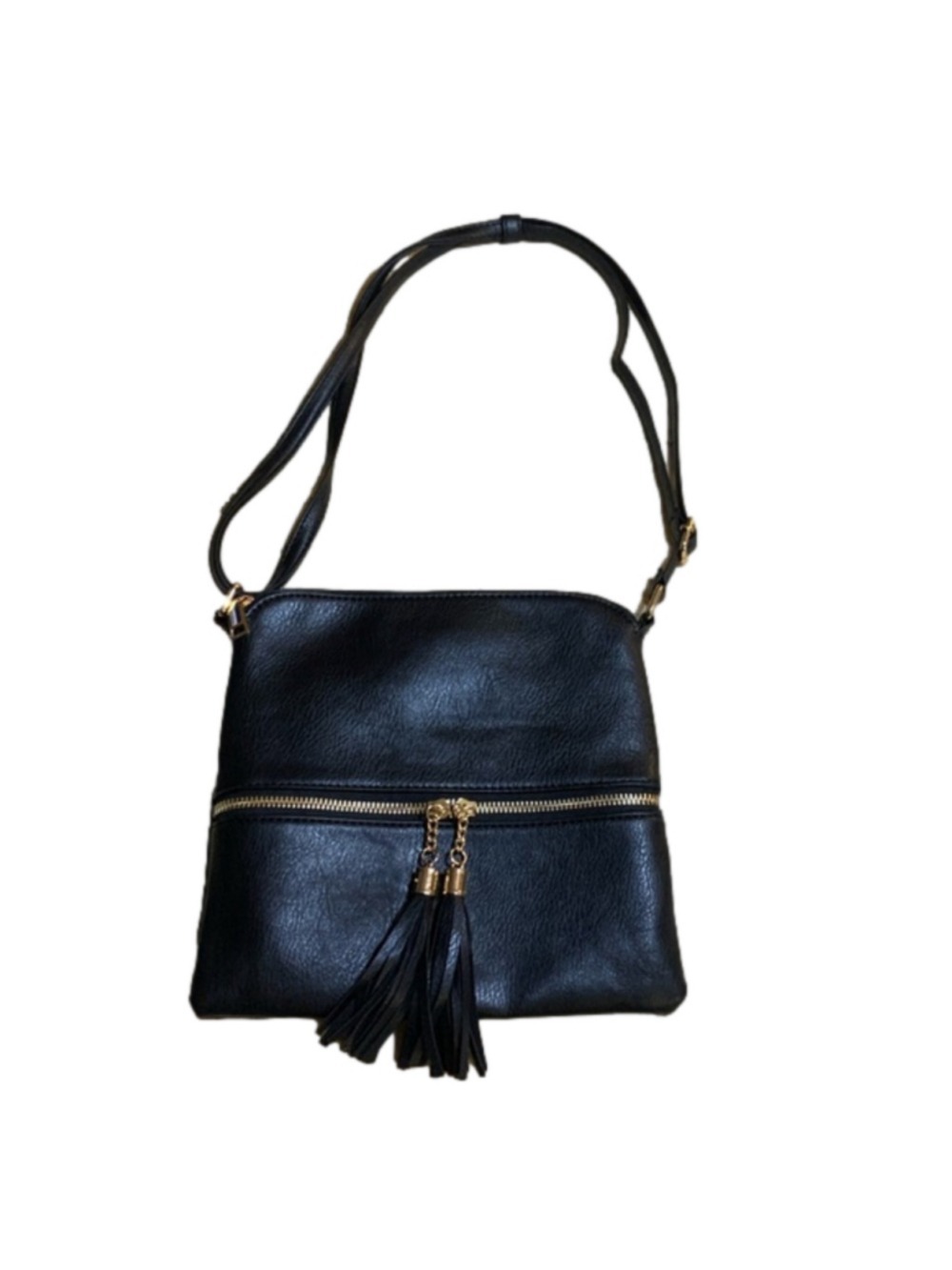 Black pleather shoulder or crossbody bag with gold colour hardware tassels